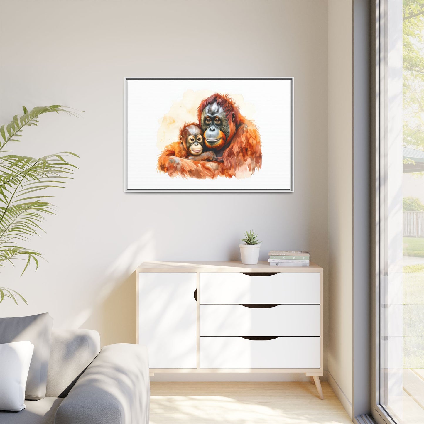 Orangutan and Baby Watercolor - Framed Canvas