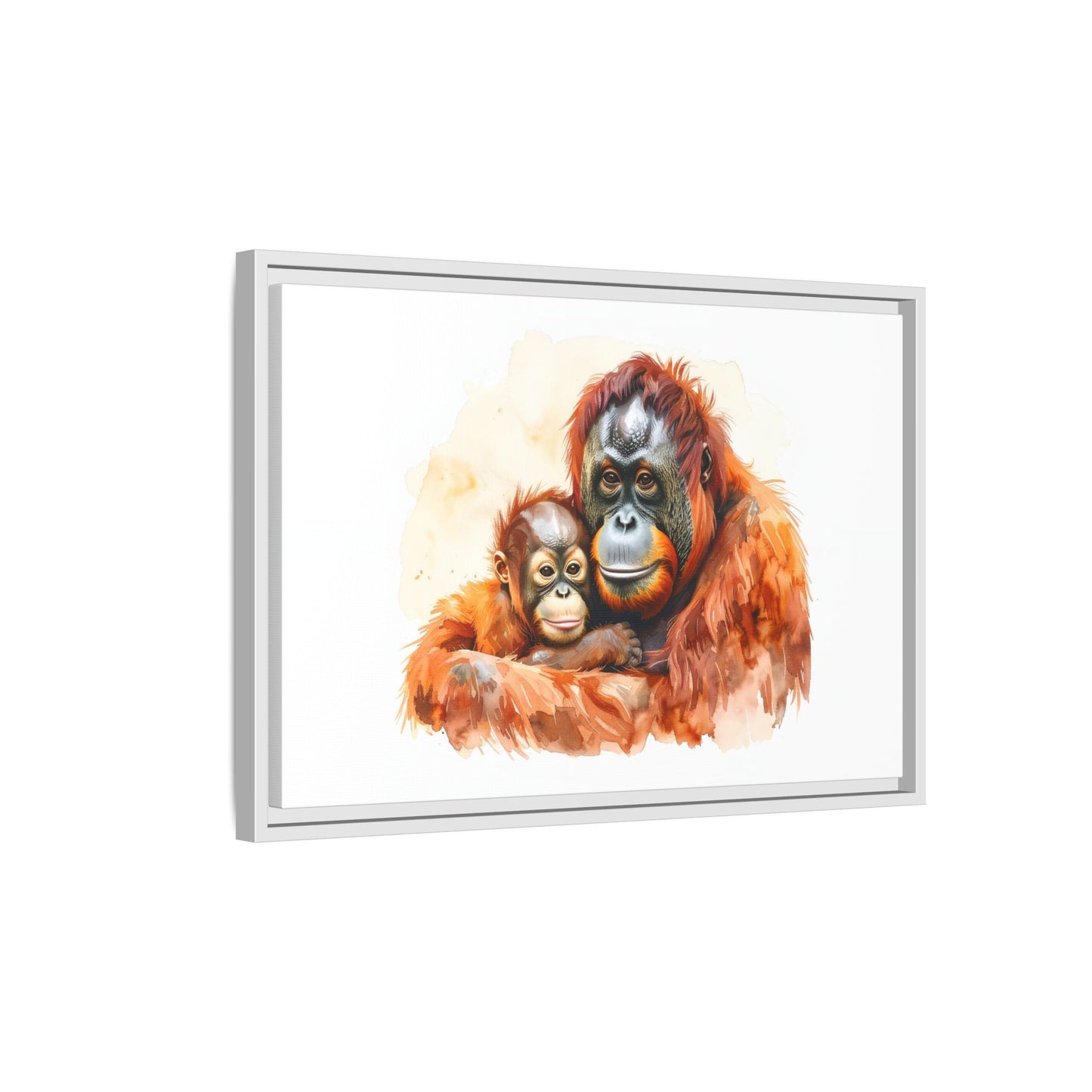 Orangutan and Baby Watercolor - Framed Canvas