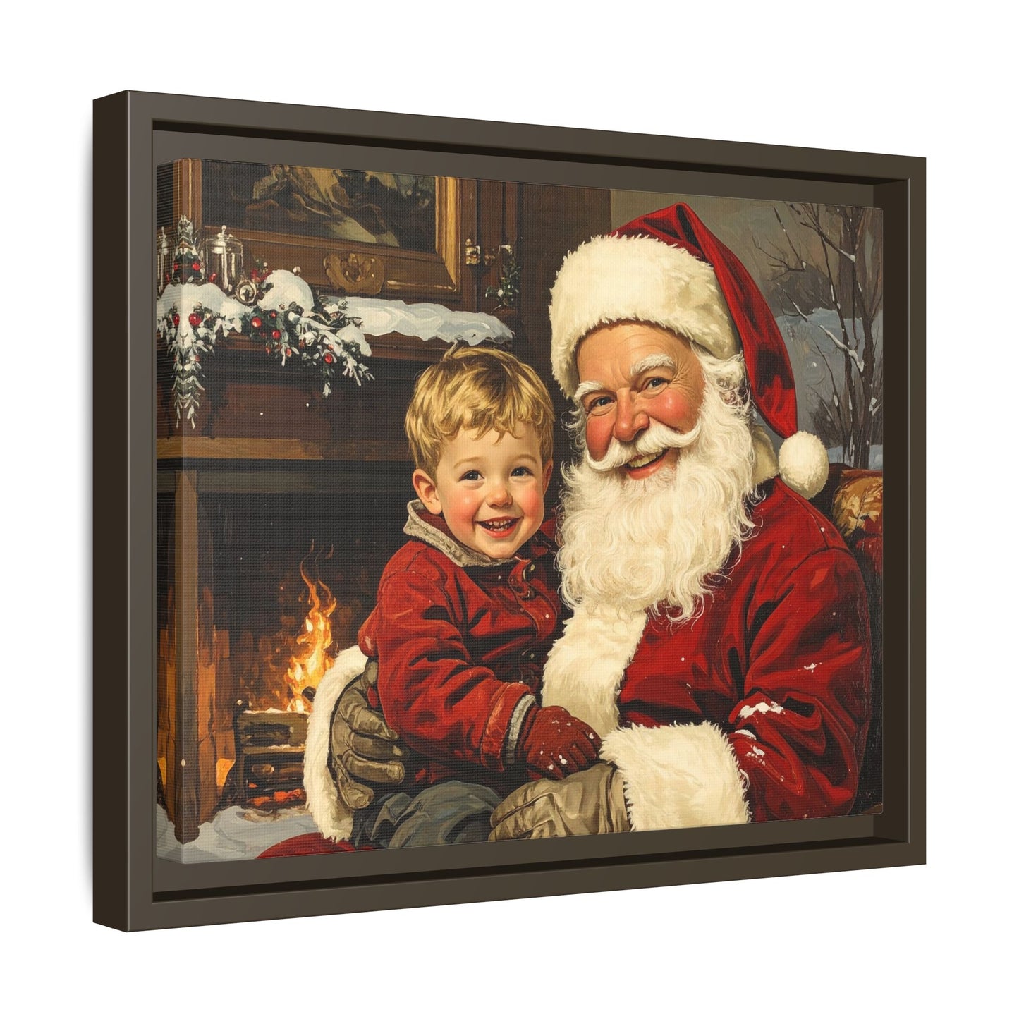 Vintage Santa with Little Boy - Framed Canvas