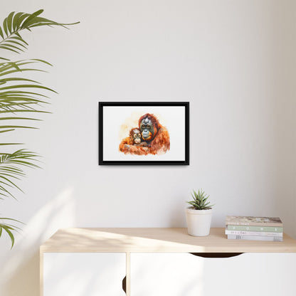 Orangutan and Baby Watercolor - Framed Canvas