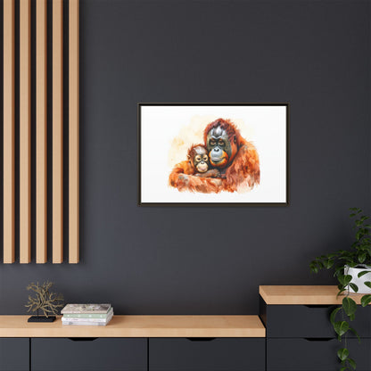 Orangutan and Baby Watercolor - Framed Canvas