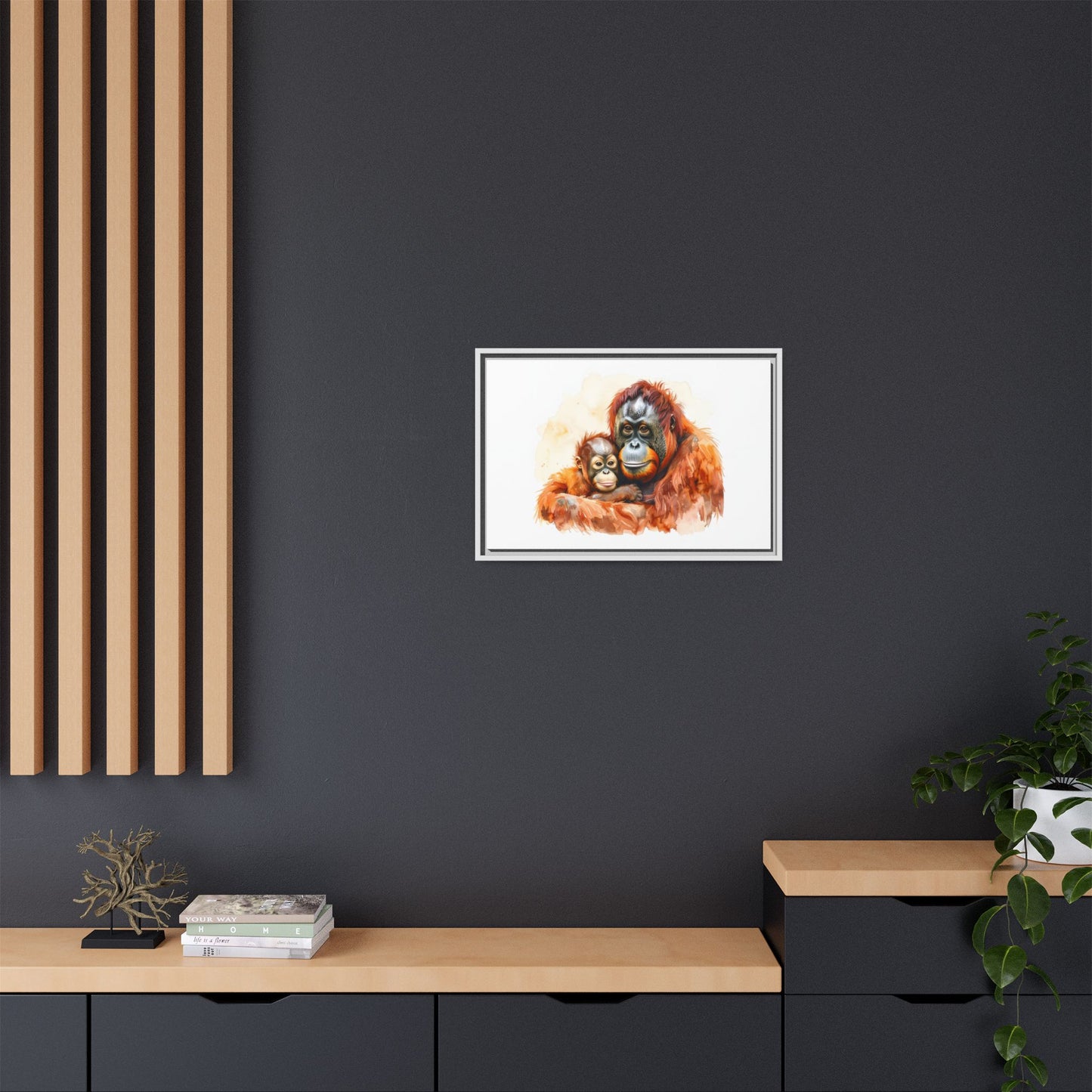Orangutan and Baby Watercolor - Framed Canvas