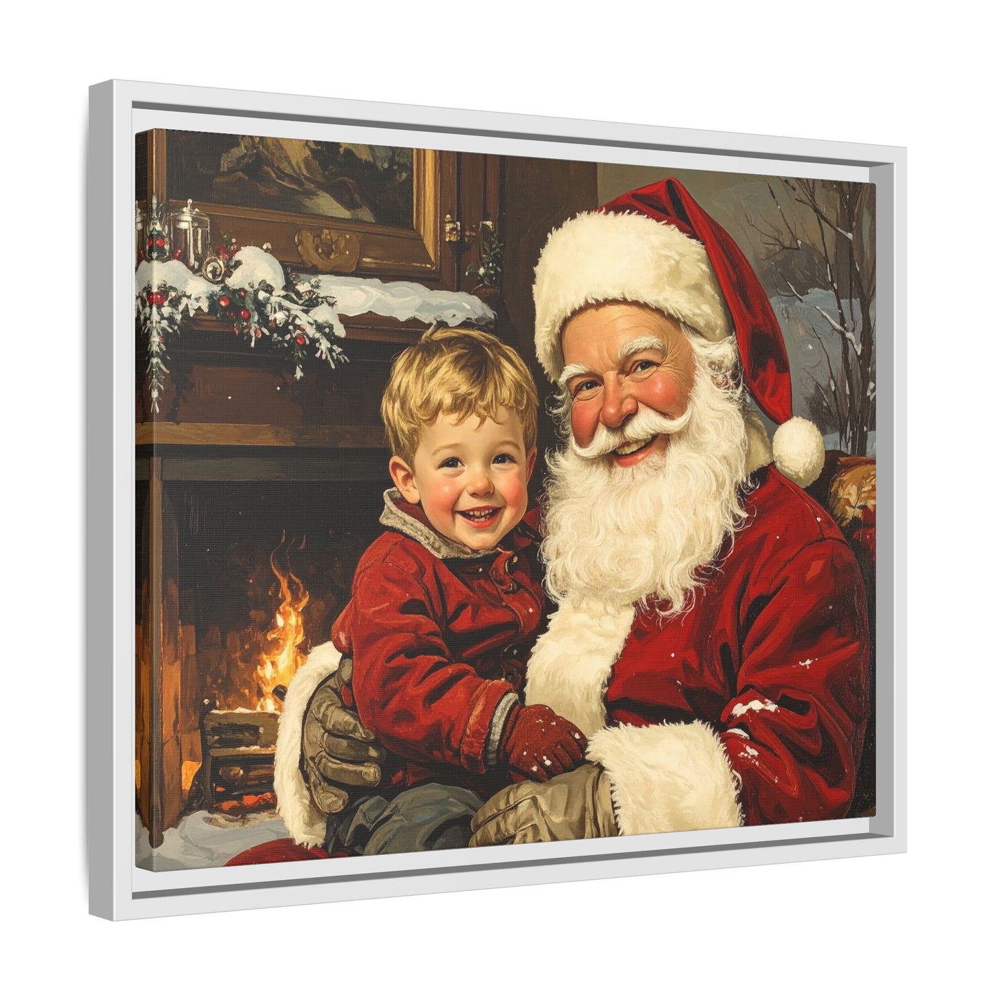 Vintage Santa with Little Boy - Framed Canvas