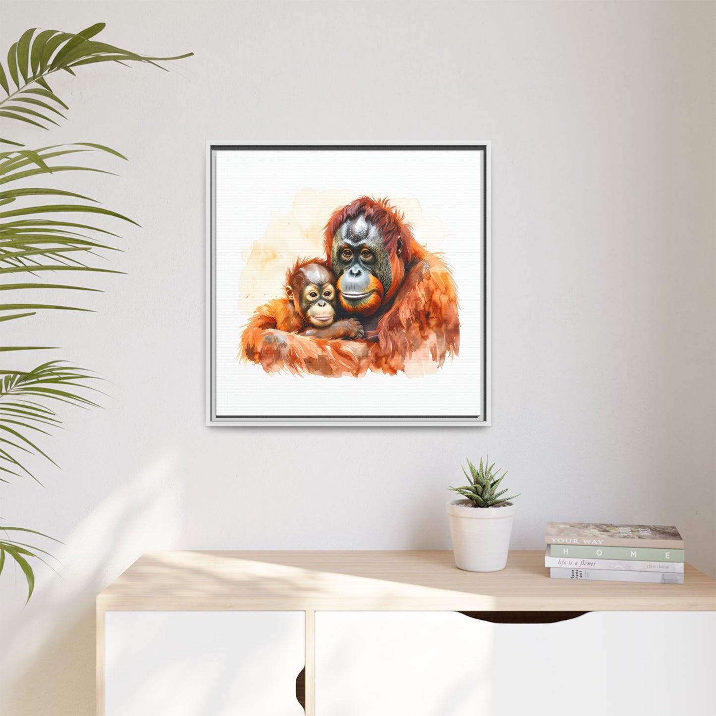 Orangutan and Baby Watercolor - Framed Canvas