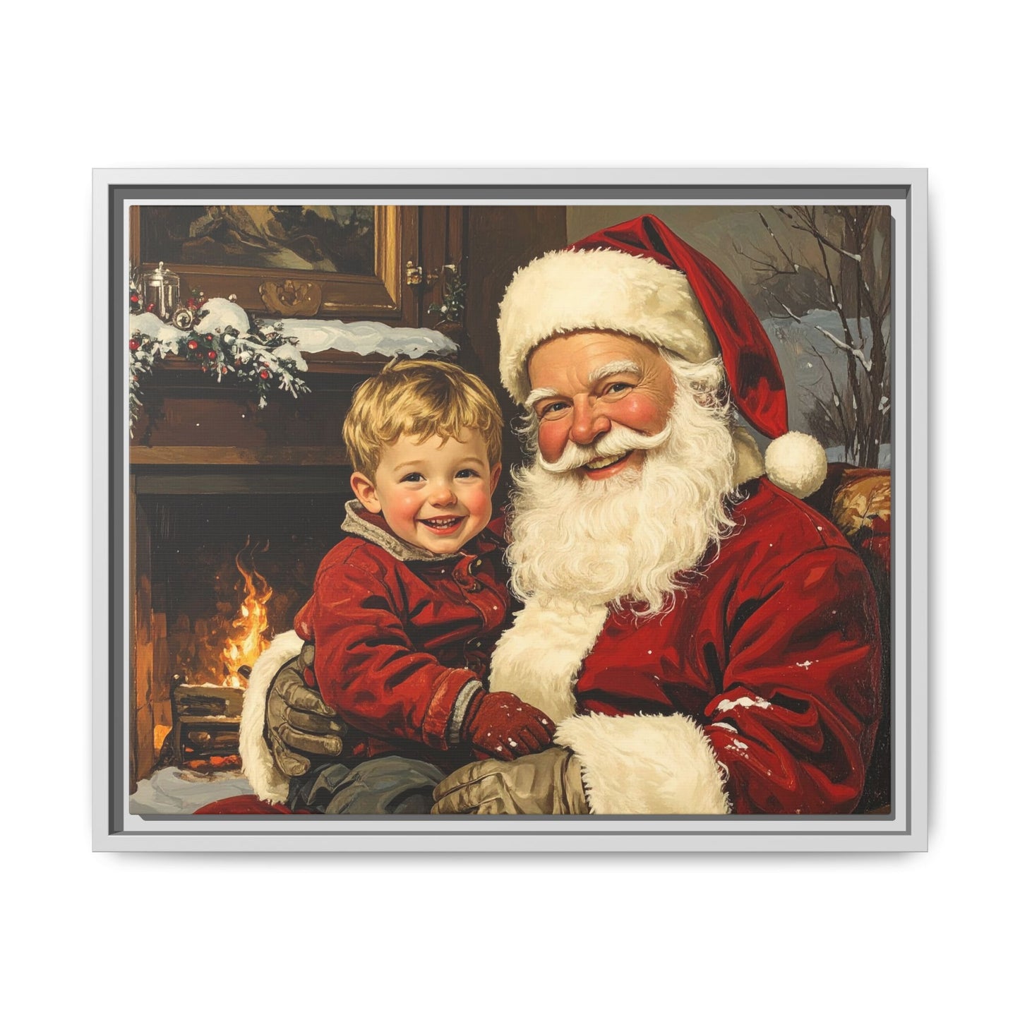 Vintage Santa with Little Boy - Framed Canvas