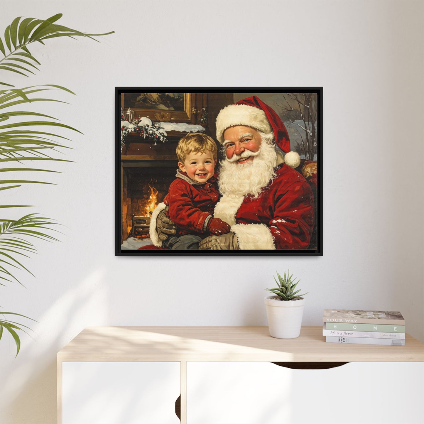 Vintage Santa with Little Boy - Framed Canvas