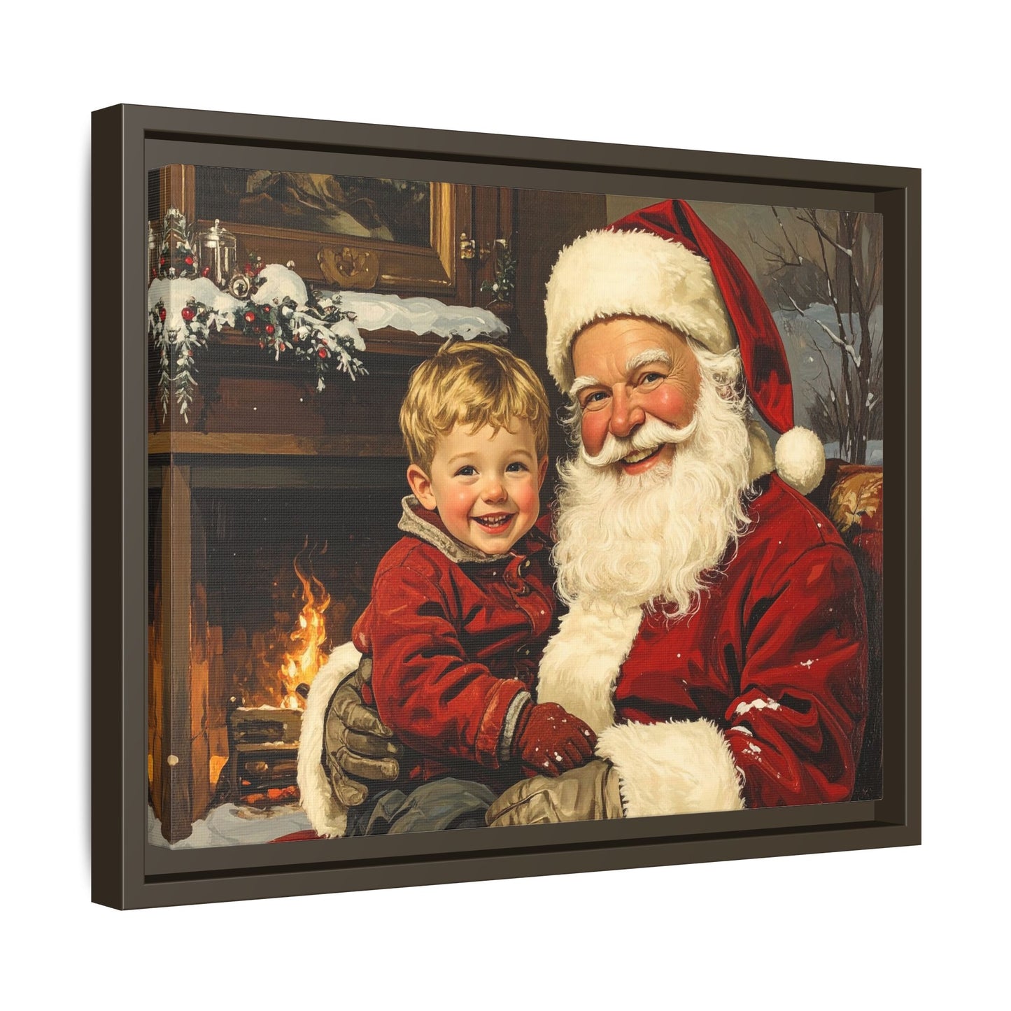 Vintage Santa with Little Boy - Framed Canvas