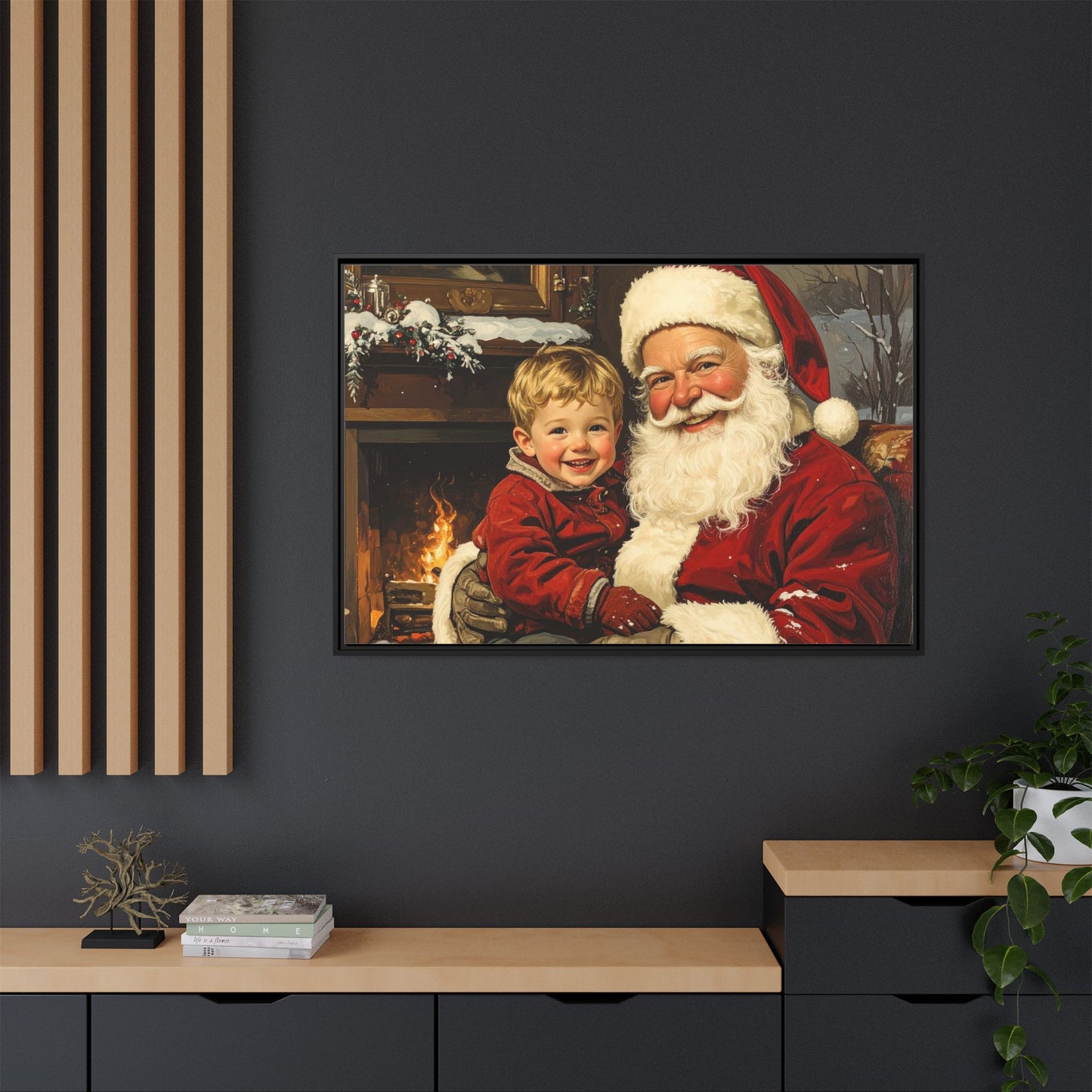 Vintage Santa with Little Boy - Framed Canvas
