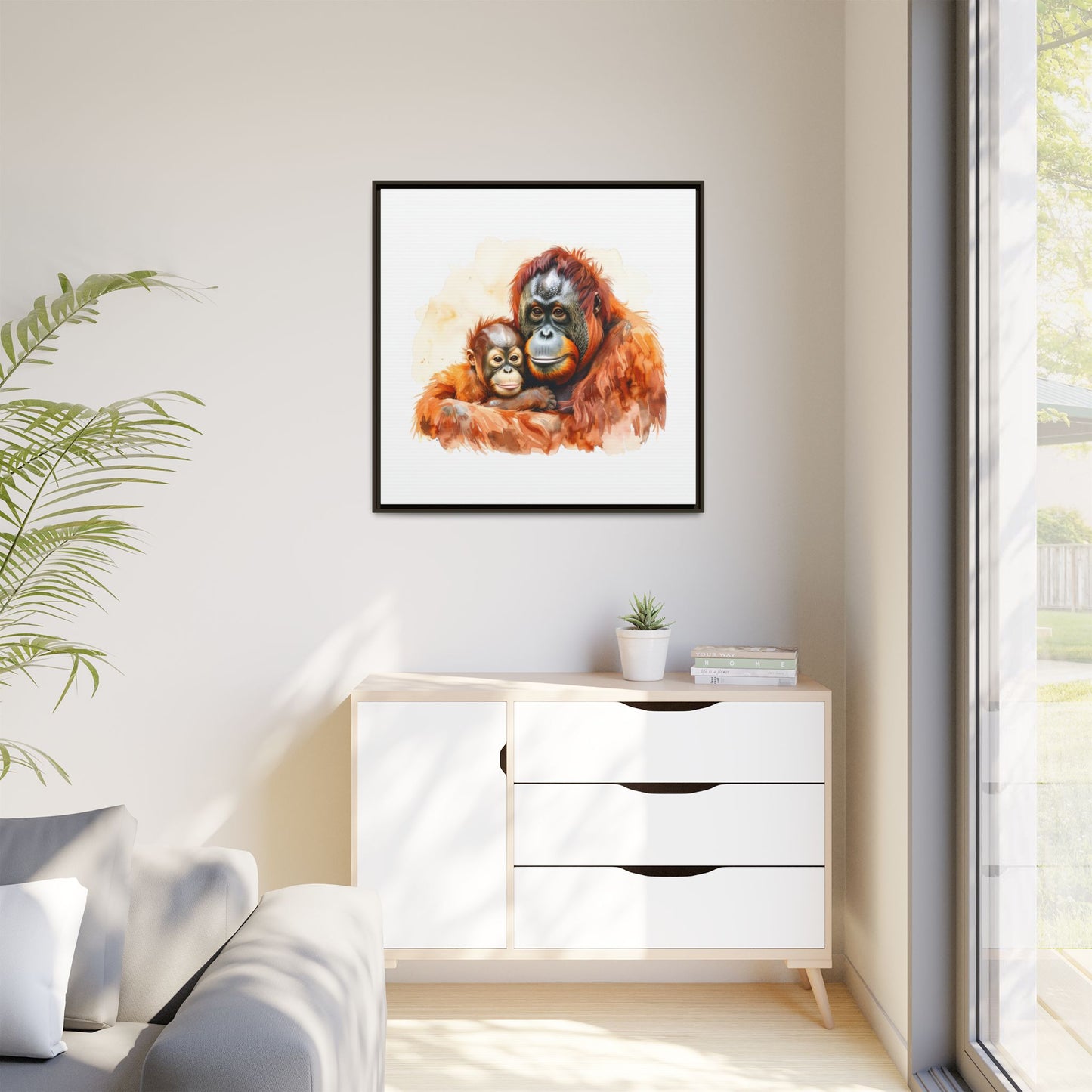 Orangutan and Baby Watercolor - Framed Canvas