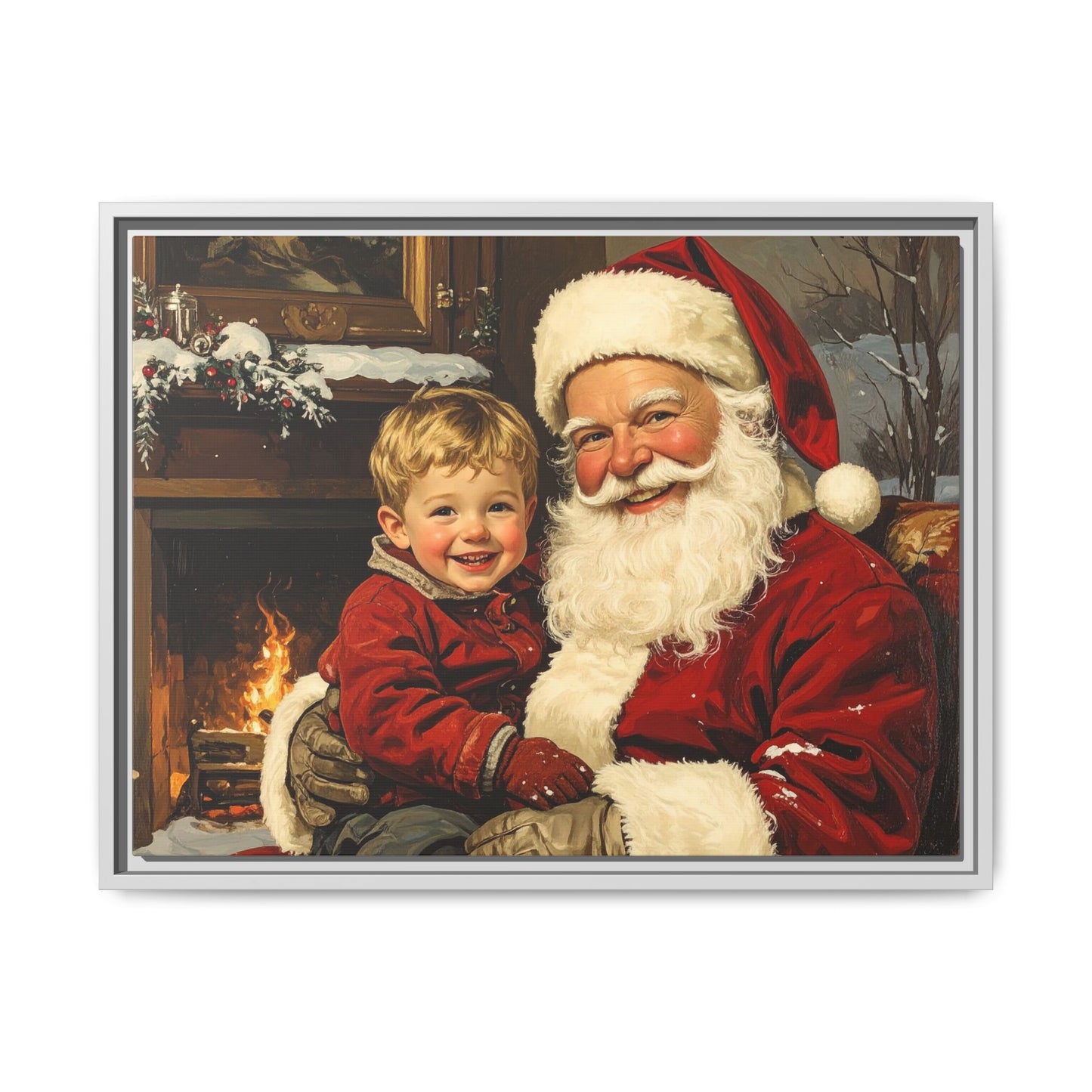 Vintage Santa with Little Boy - Framed Canvas