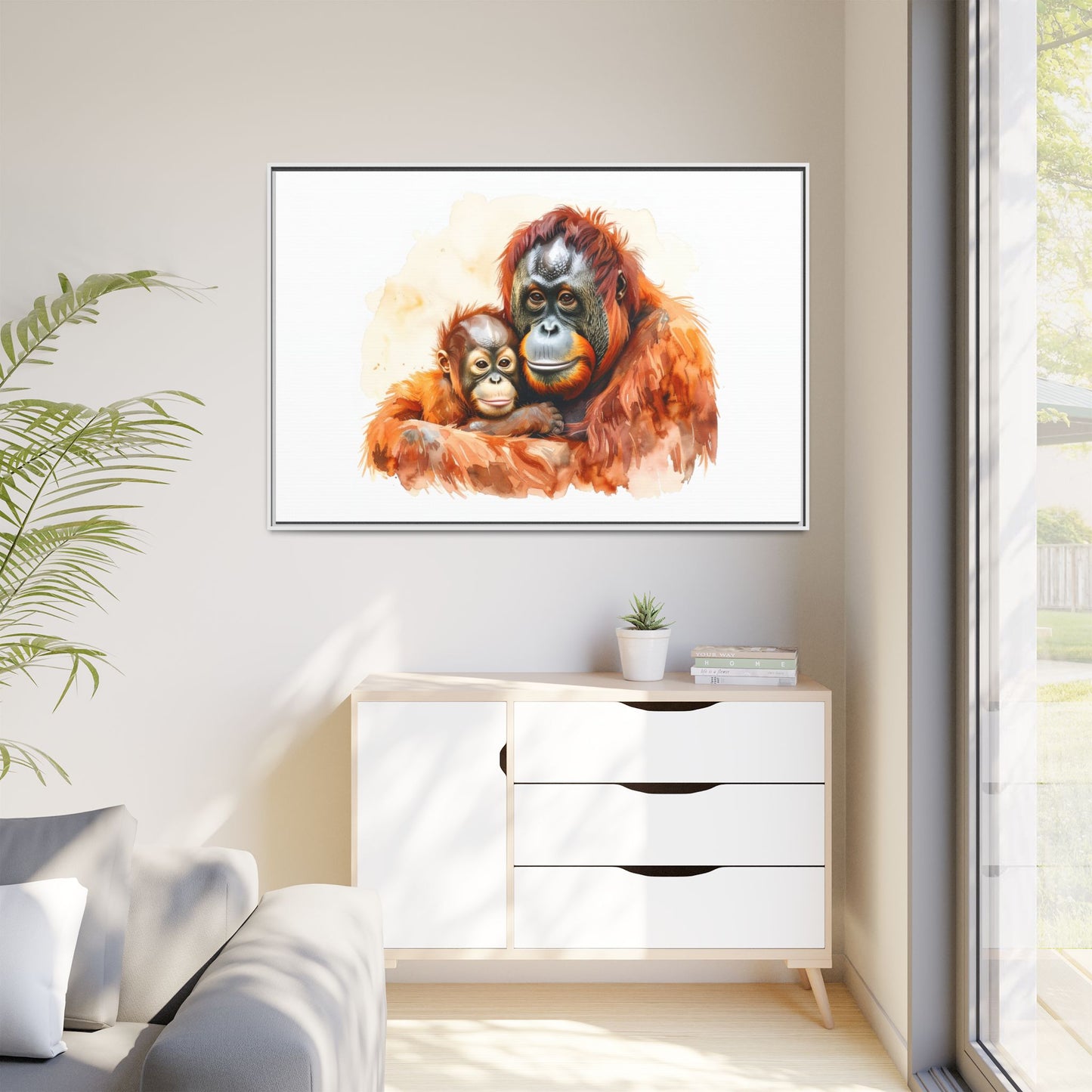 Orangutan and Baby Watercolor - Framed Canvas