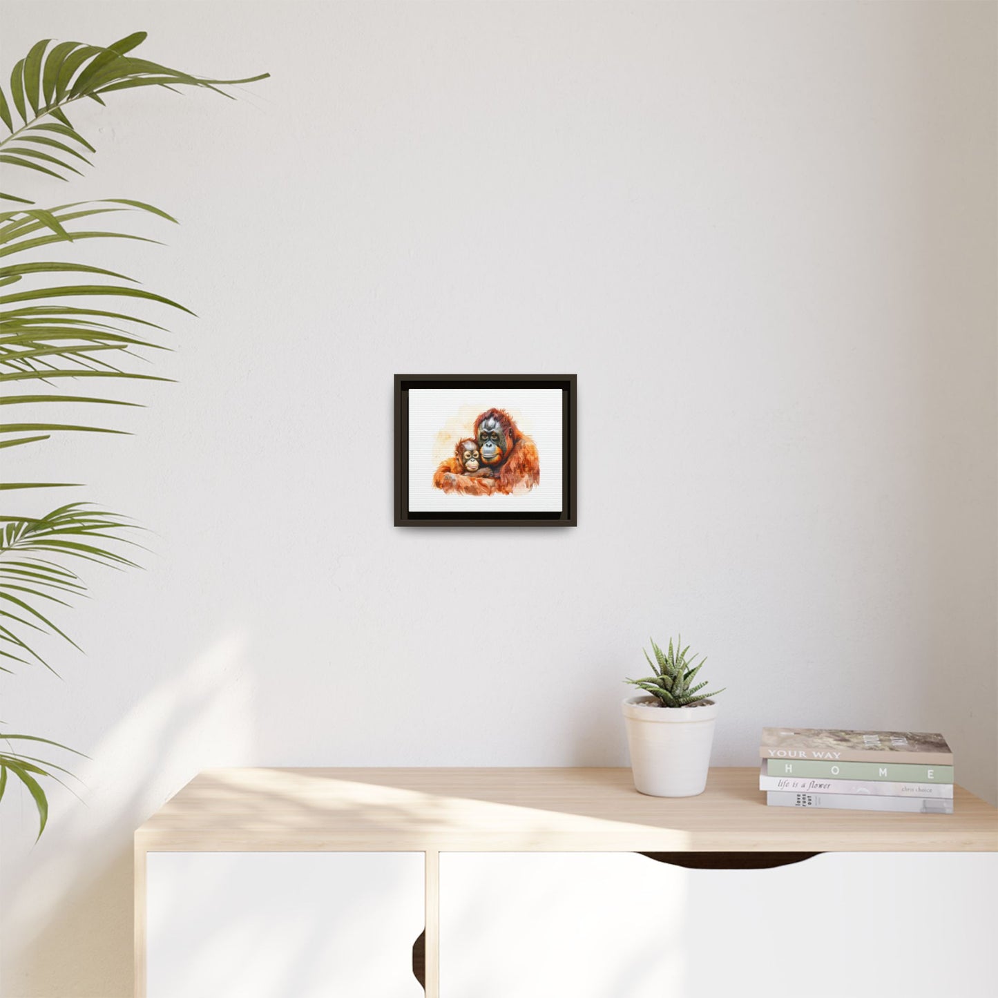 Orangutan and Baby Watercolor - Framed Canvas