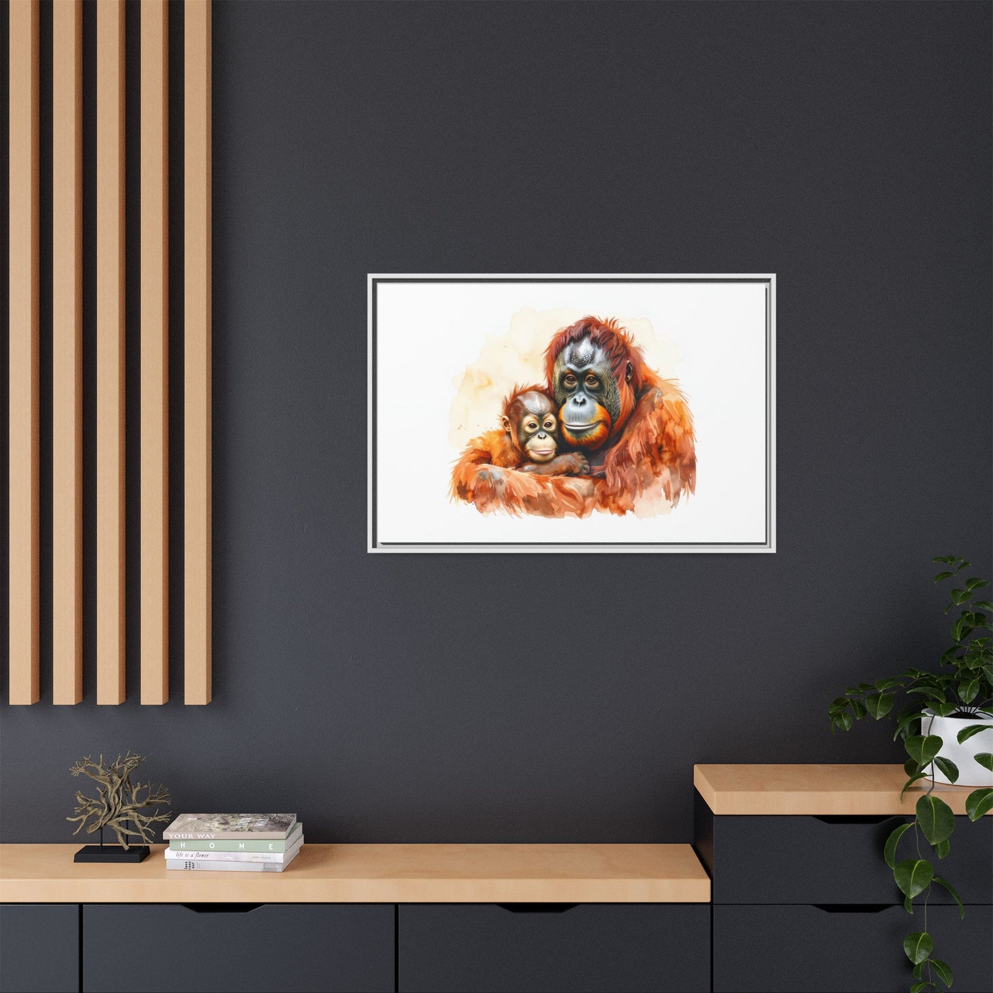 Orangutan and Baby Watercolor - Framed Canvas
