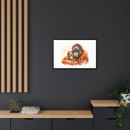 Orangutan and Baby Watercolor - Framed Canvas