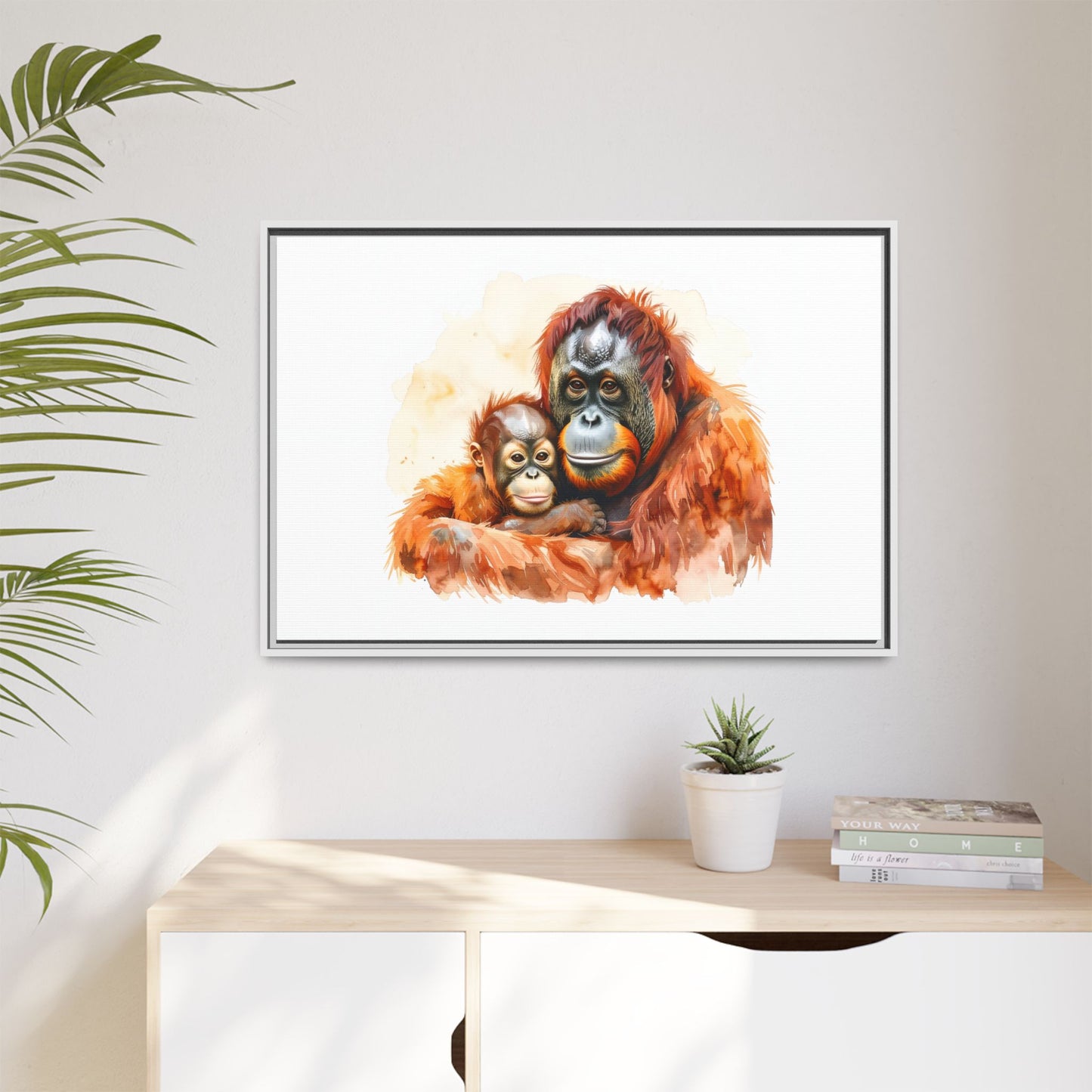 Orangutan and Baby Watercolor - Framed Canvas