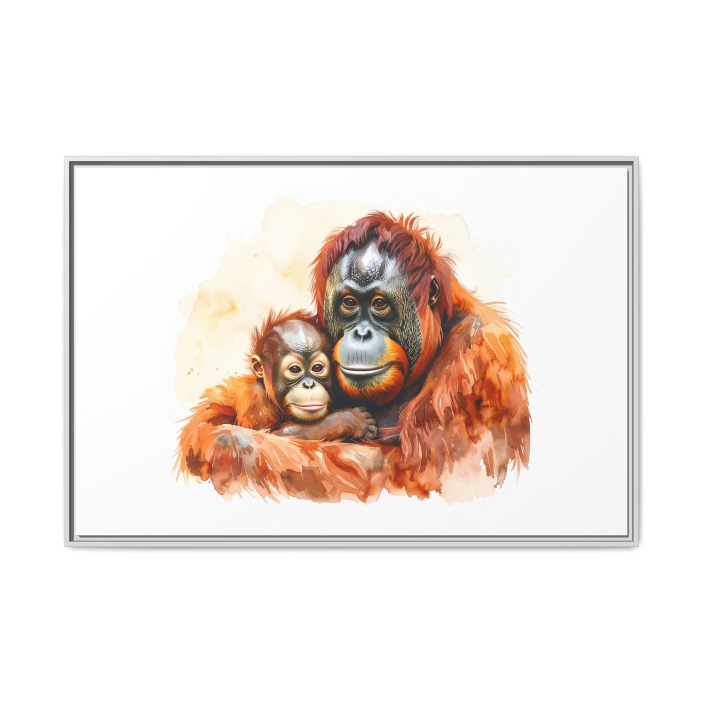 Orangutan and Baby Watercolor - Framed Canvas
