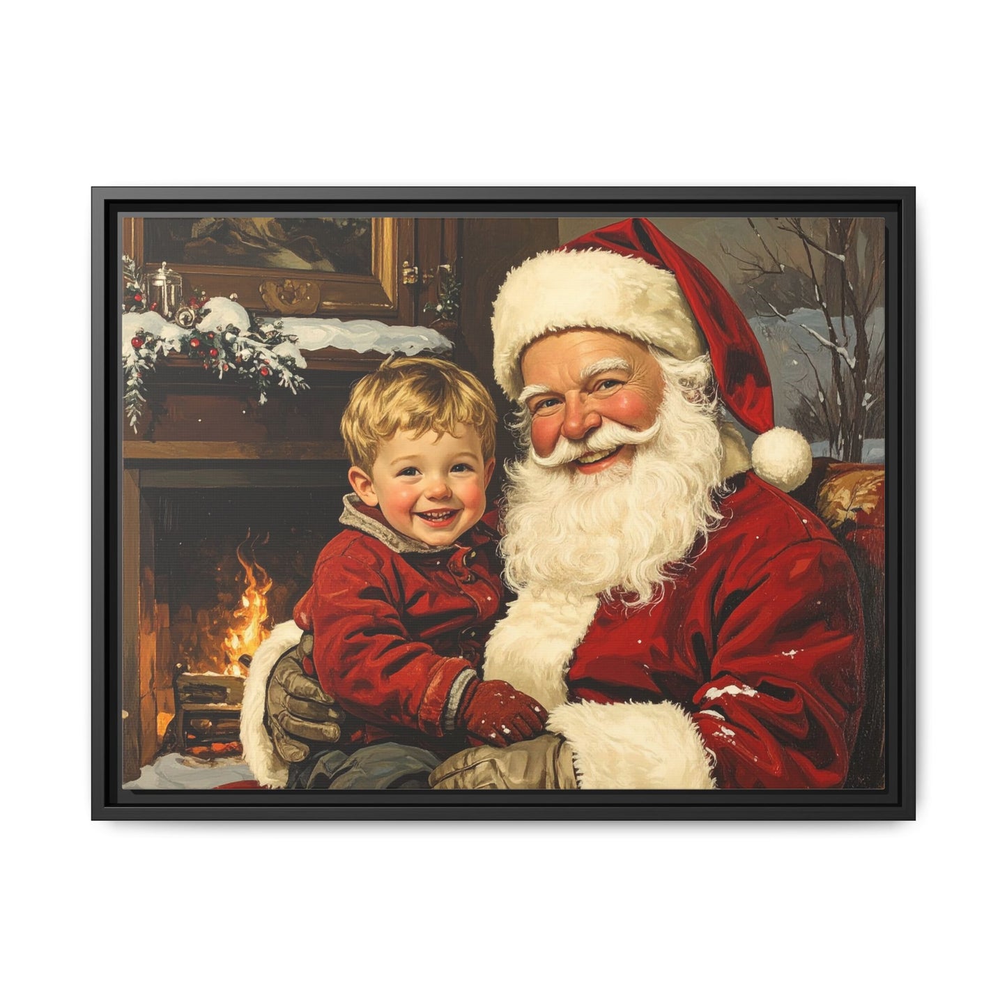 Vintage Santa with Little Boy - Framed Canvas