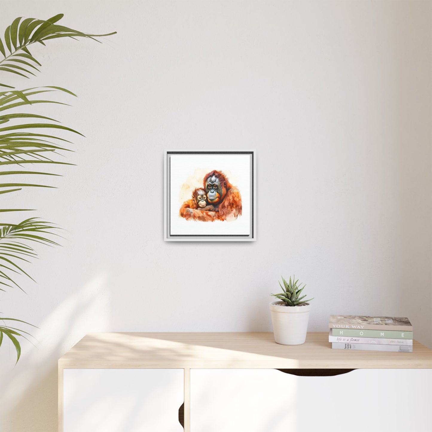 Orangutan and Baby Watercolor - Framed Canvas