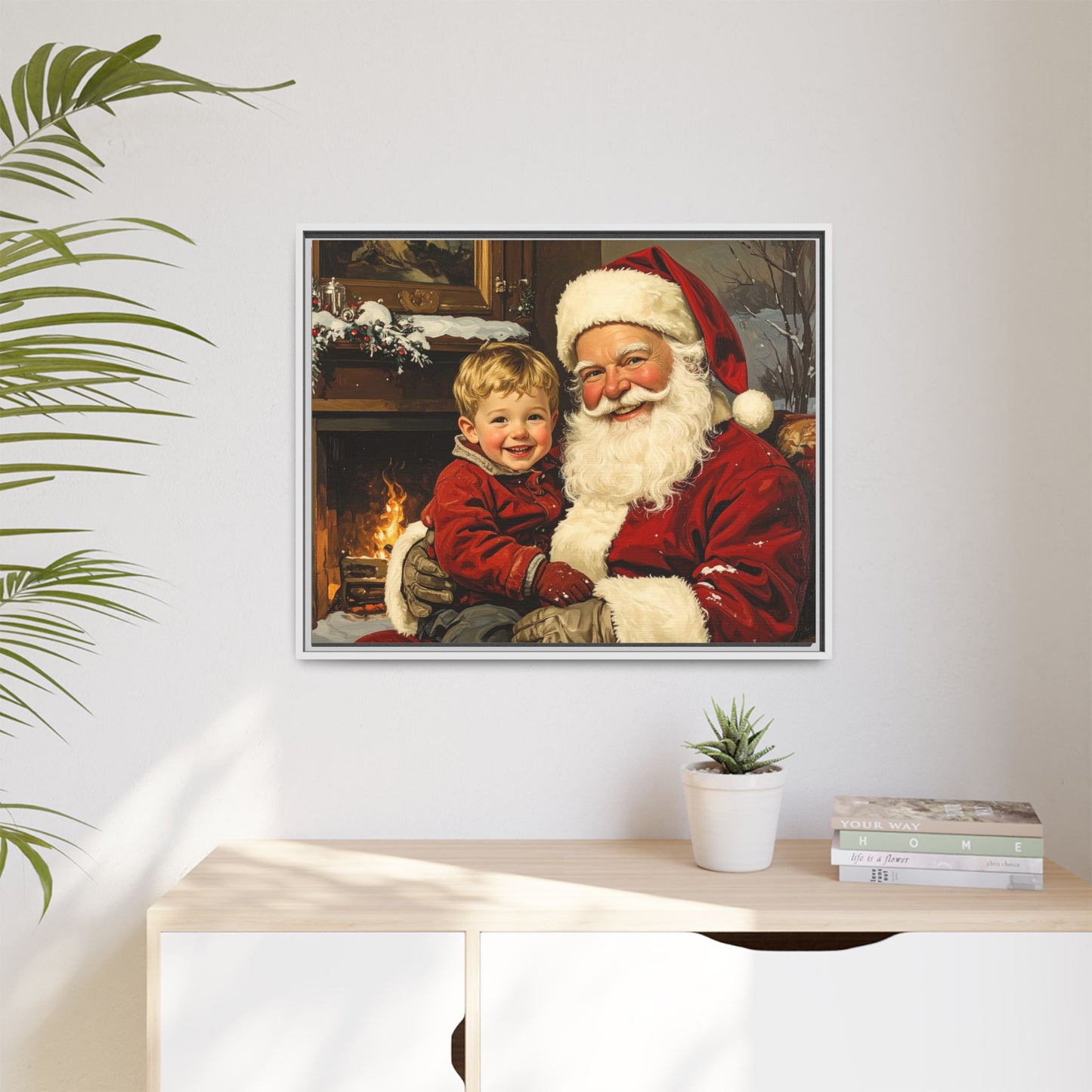 Vintage Santa with Little Boy - Framed Canvas