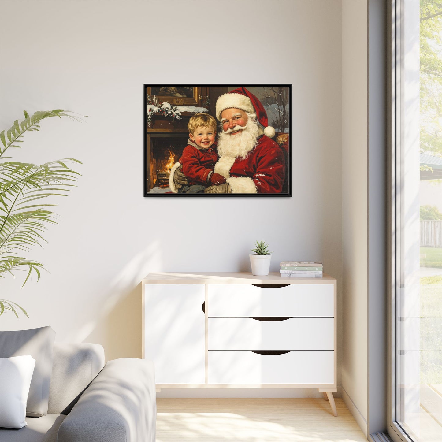Vintage Santa with Little Boy - Framed Canvas