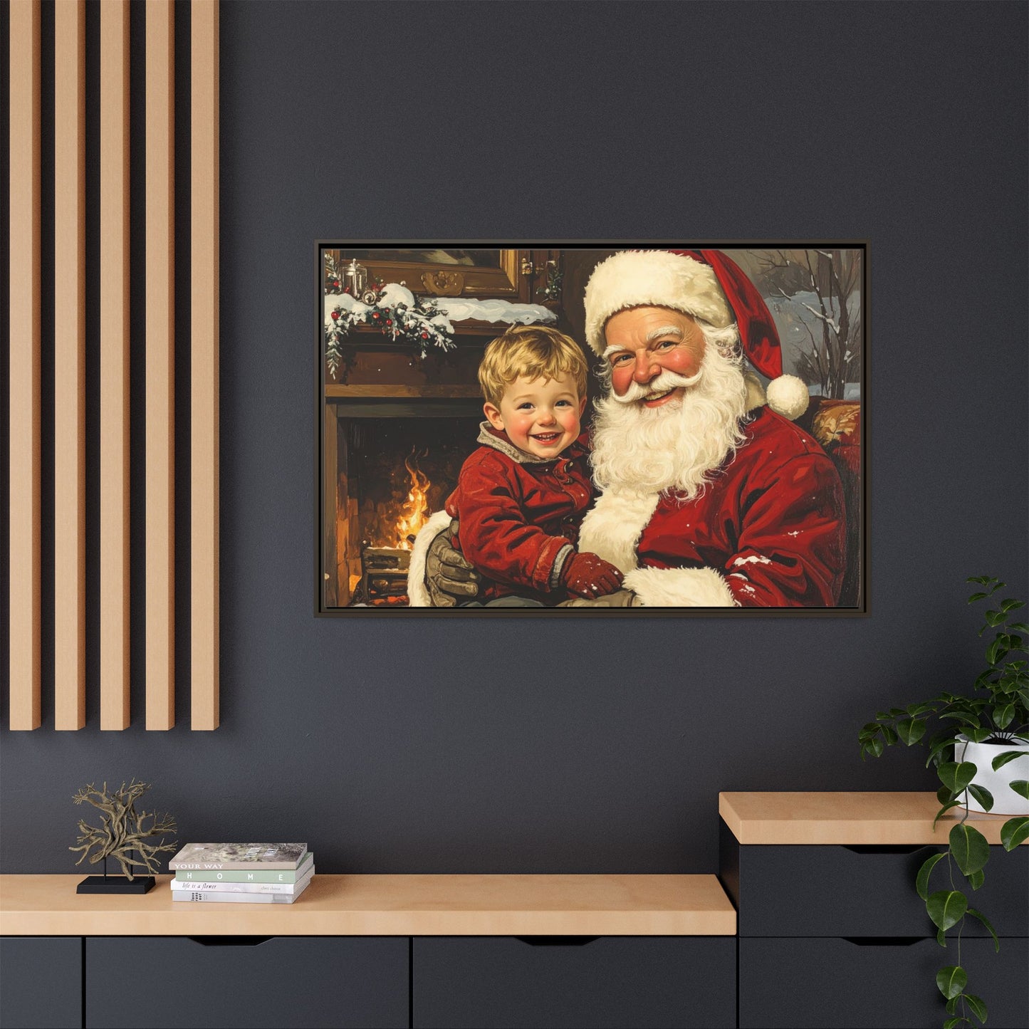 Vintage Santa with Little Boy - Framed Canvas