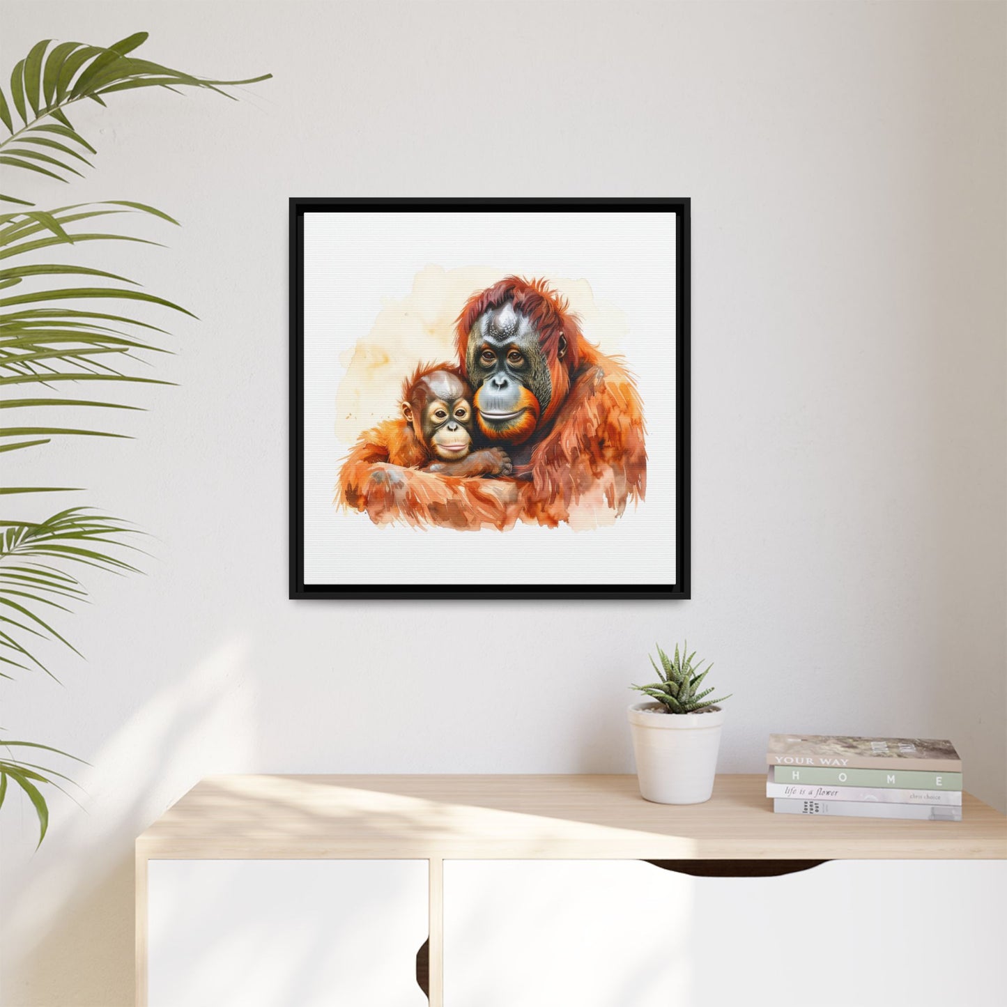 Orangutan and Baby Watercolor - Framed Canvas
