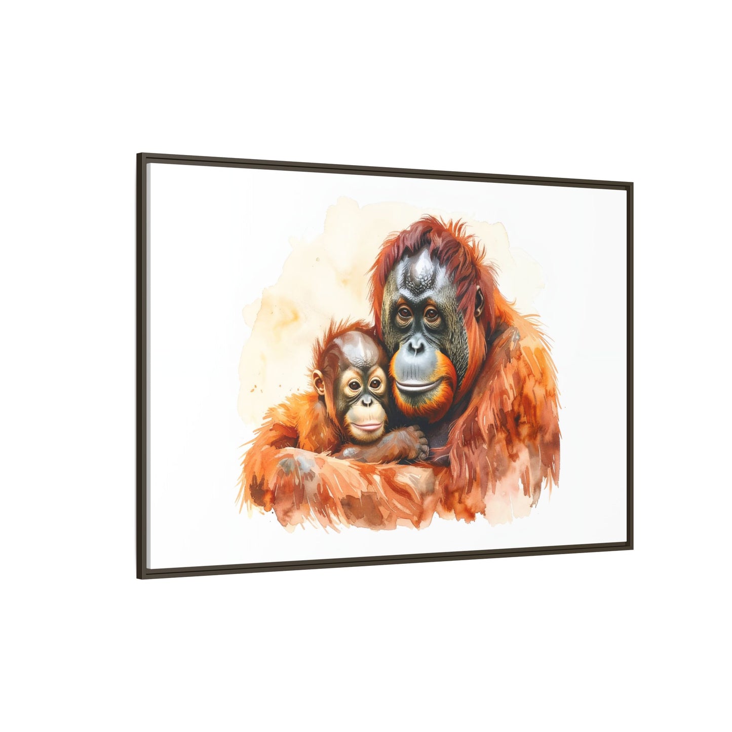 Orangutan and Baby Watercolor - Framed Canvas