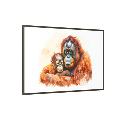 Orangutan and Baby Watercolor - Framed Canvas