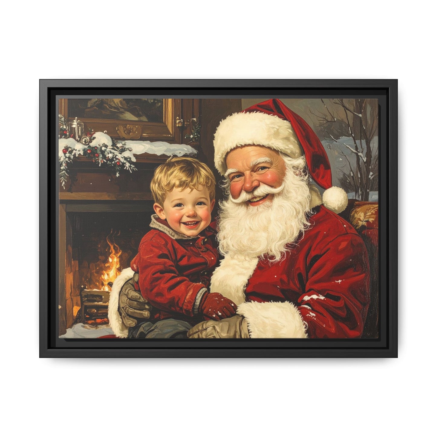 Vintage Santa with Little Boy - Framed Canvas