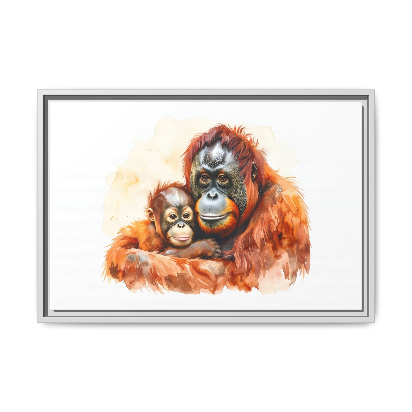 Orangutan and Baby Watercolor - Framed Canvas