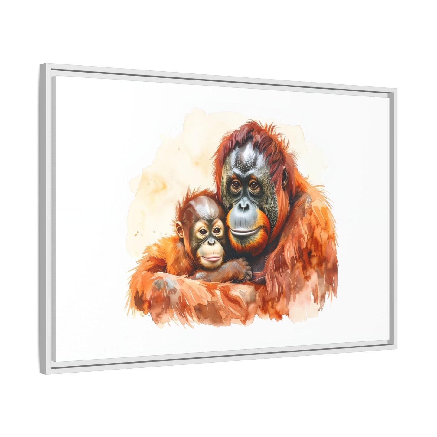 Orangutan and Baby Watercolor - Framed Canvas