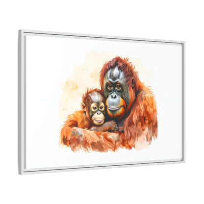 Orangutan and Baby Watercolor - Framed Canvas