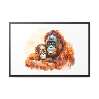 Orangutan and Baby Watercolor - Framed Canvas