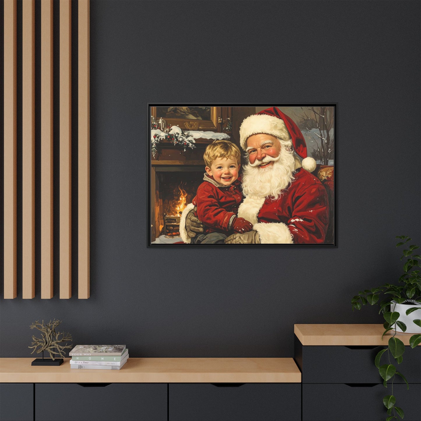 Vintage Santa with Little Boy - Framed Canvas