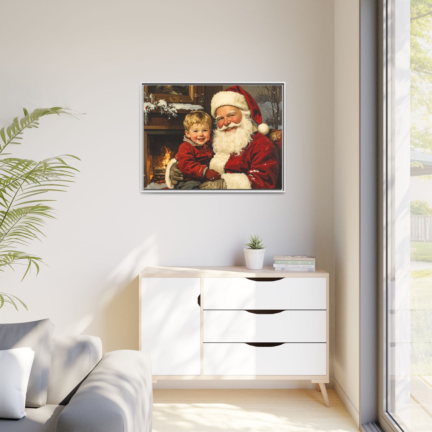 Vintage Santa with Little Boy - Framed Canvas