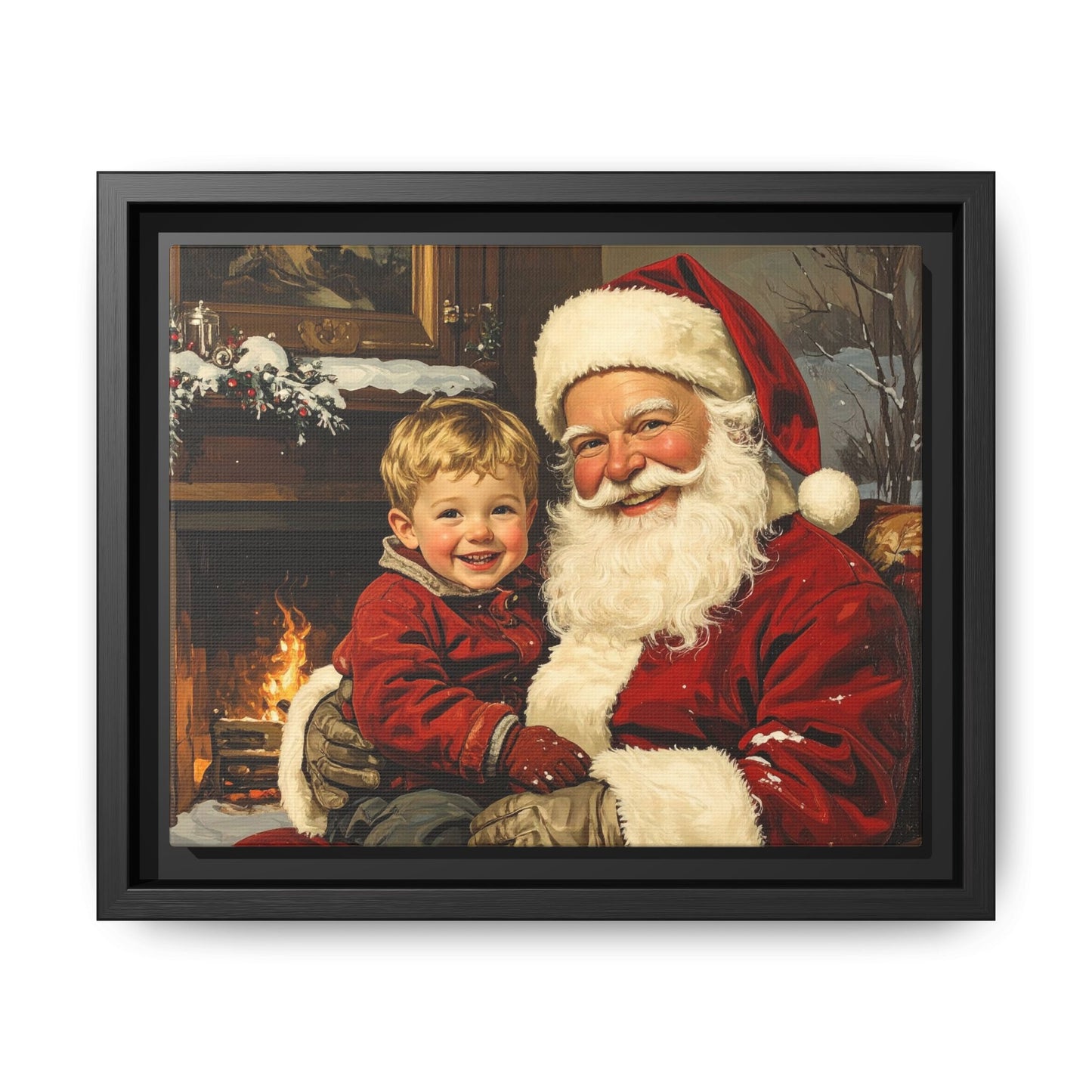 Vintage Santa with Little Boy - Framed Canvas