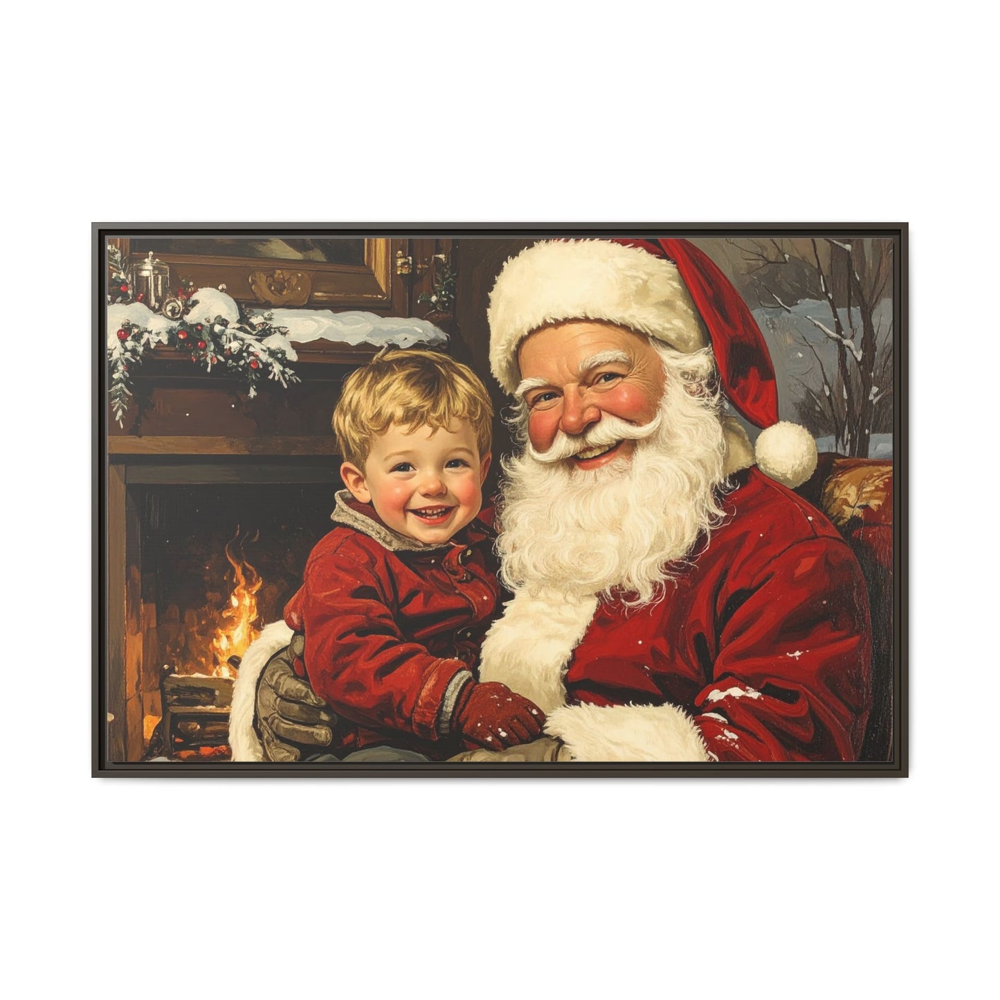 Vintage Santa with Little Boy - Framed Canvas