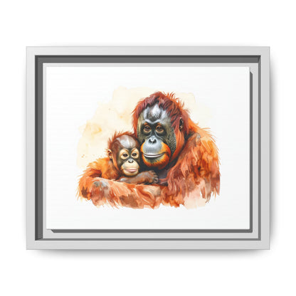 Orangutan and Baby Watercolor - Framed Canvas