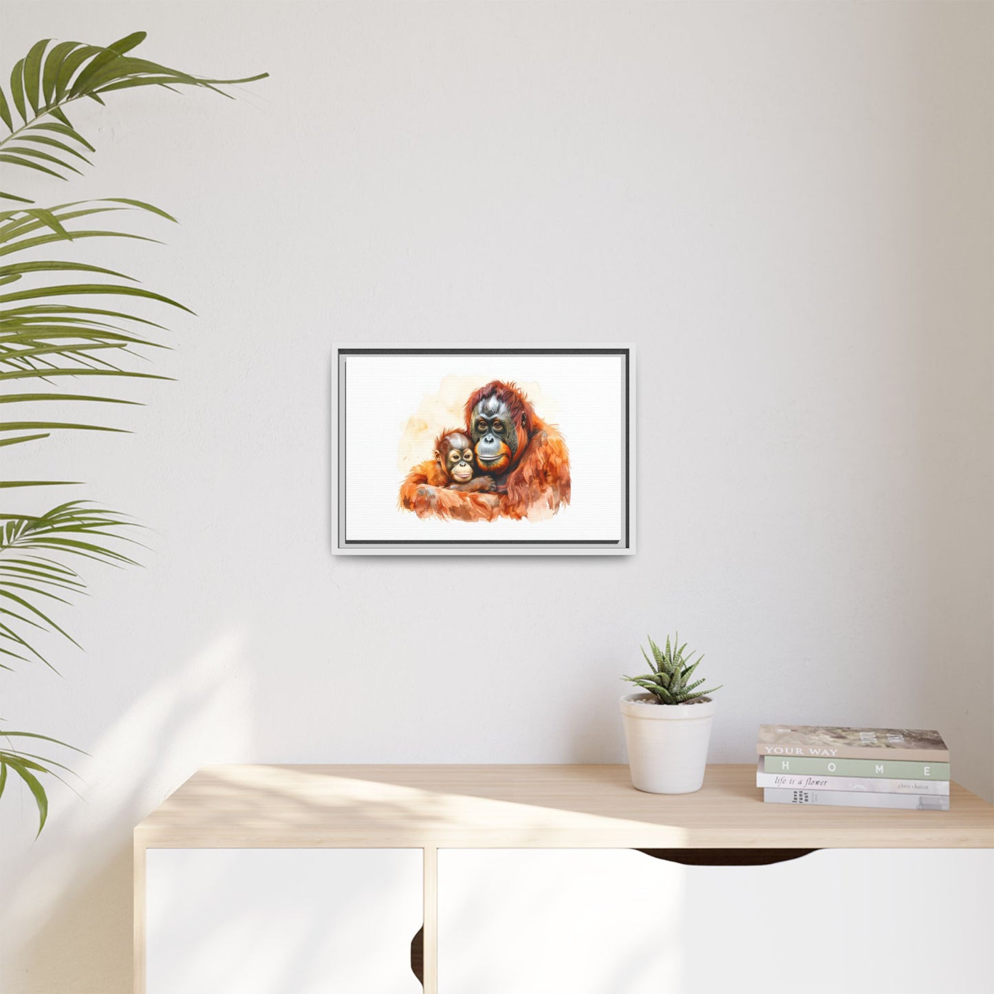 Orangutan and Baby Watercolor - Framed Canvas