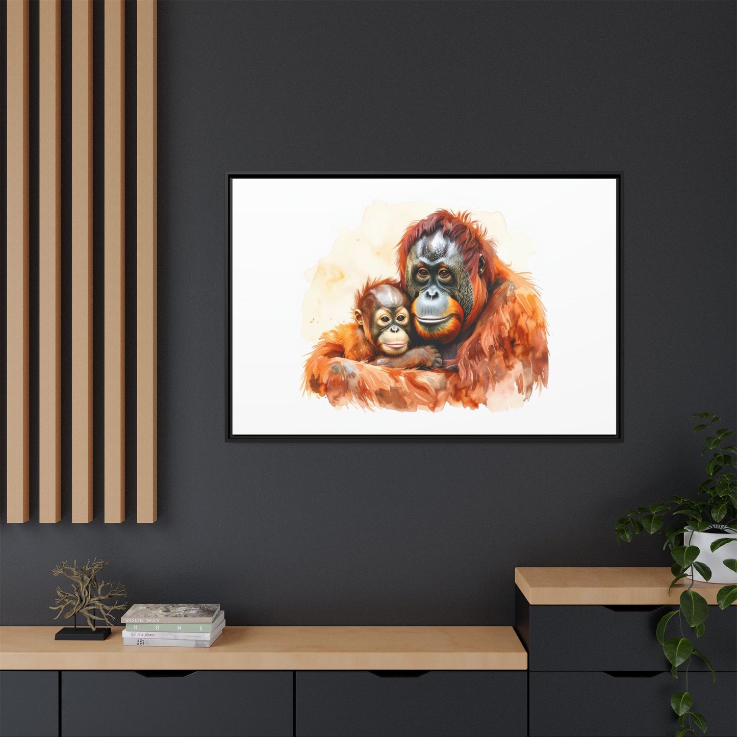 Orangutan and Baby Watercolor - Framed Canvas