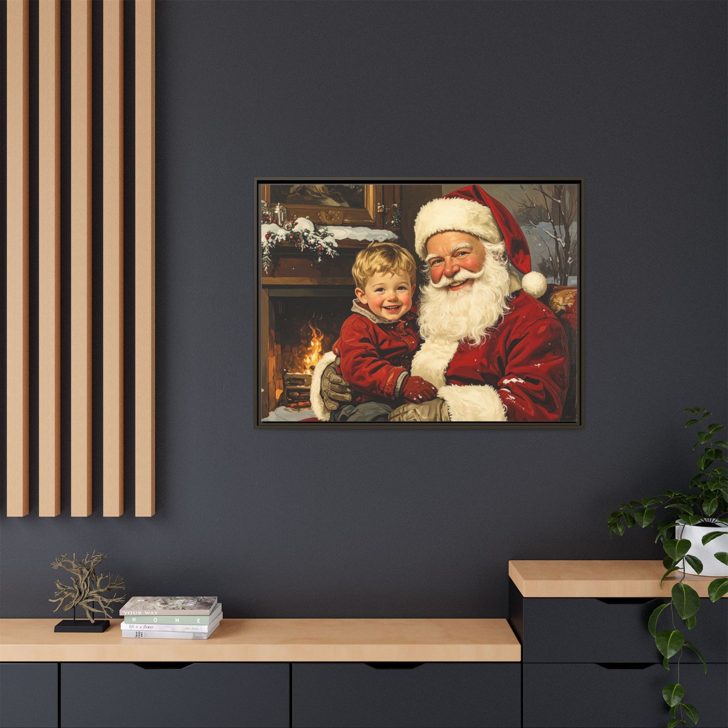 Vintage Santa with Little Boy - Framed Canvas