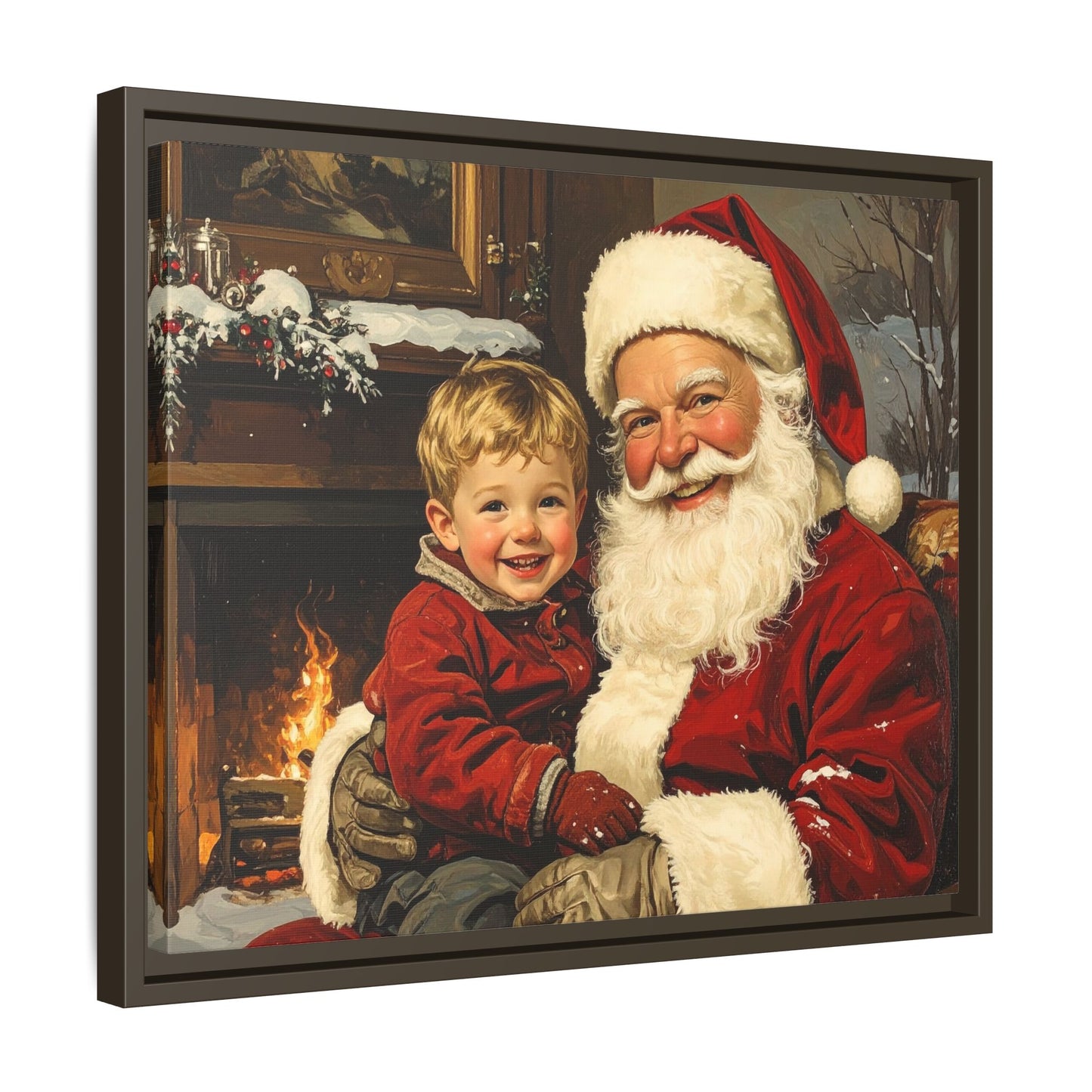 Vintage Santa with Little Boy - Framed Canvas