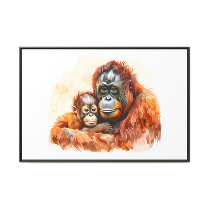 Orangutan and Baby Watercolor - Framed Canvas