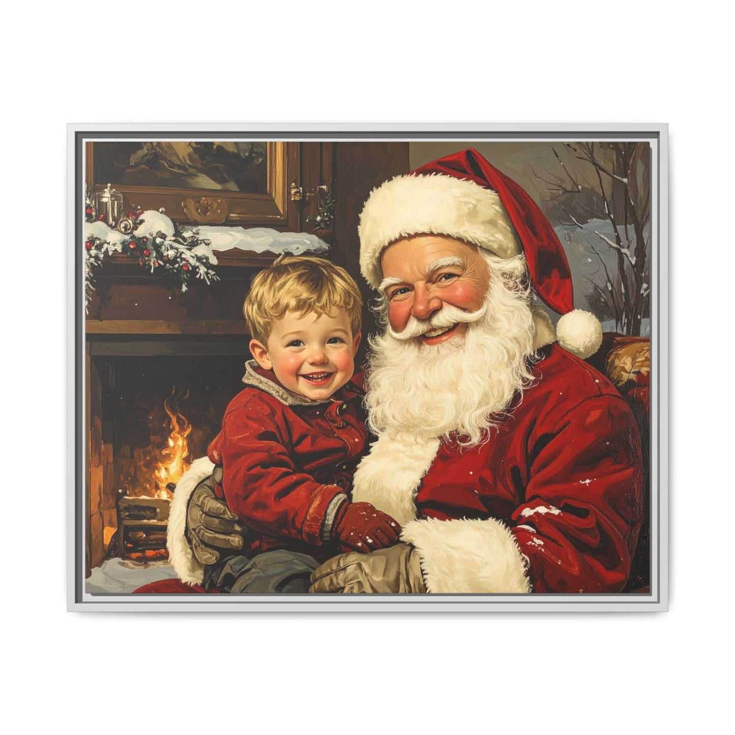Vintage Santa with Little Boy - Framed Canvas